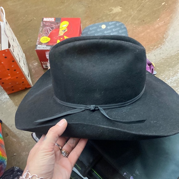 VINTAGE JOHN B. STETSON COMPANY BLACK LEATHER AND SUEDE SZ 56/7 COWBODY HAT - Picture 1 of 7